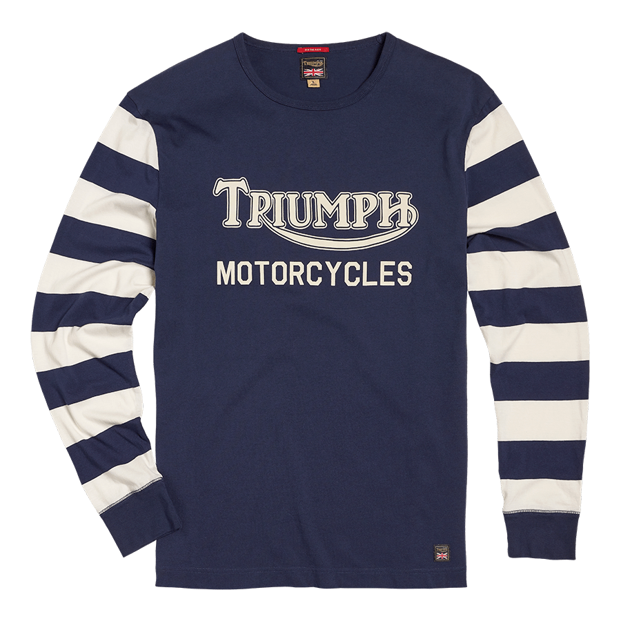 Triumph Motorcycles Heritage Men s Retro Striped Long Sleeve T Shirt 100 Cotton Blue White Size XL Triumph Motorcycles Clothing